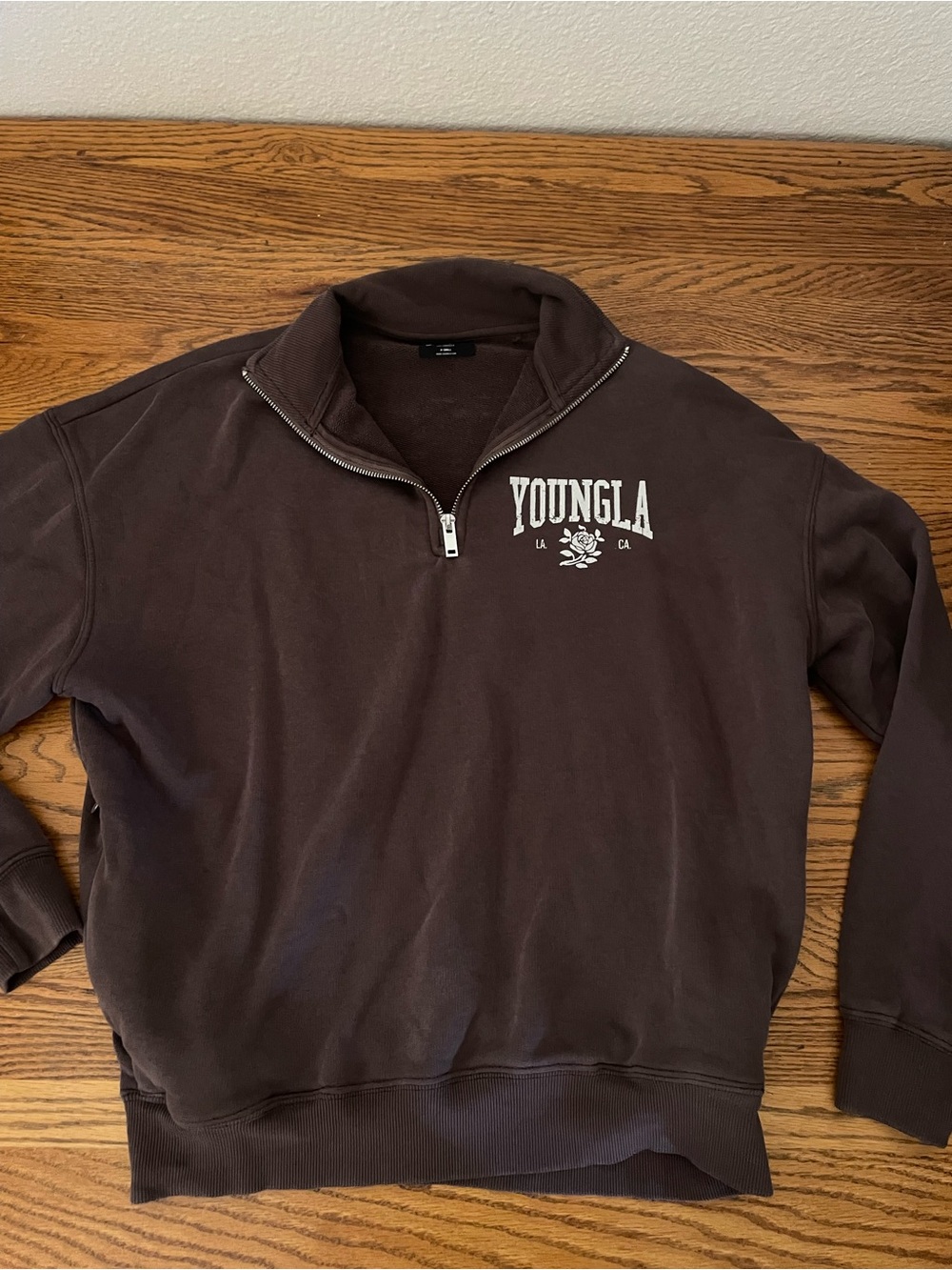 YoungLA Women's Quarter-Zip Sweatshirt in Brown with White Logo